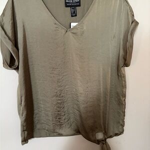 Frank Lyman Design Green Tan Blouse with Cuffed Sleeves and Tie Front
